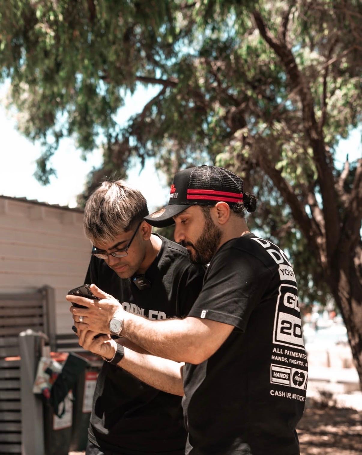 Reviewing footage on set